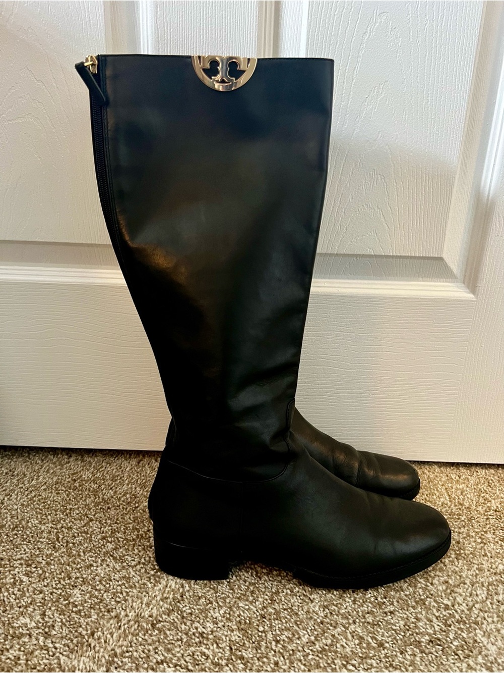 Tory Burch Black Leather Tall Logo Zip Riding Boots